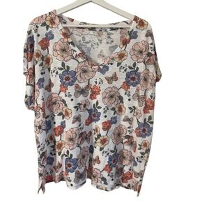 Lucky Brand Womens T Shirt XL Floral Butterfly V Neck Short Sleeve White